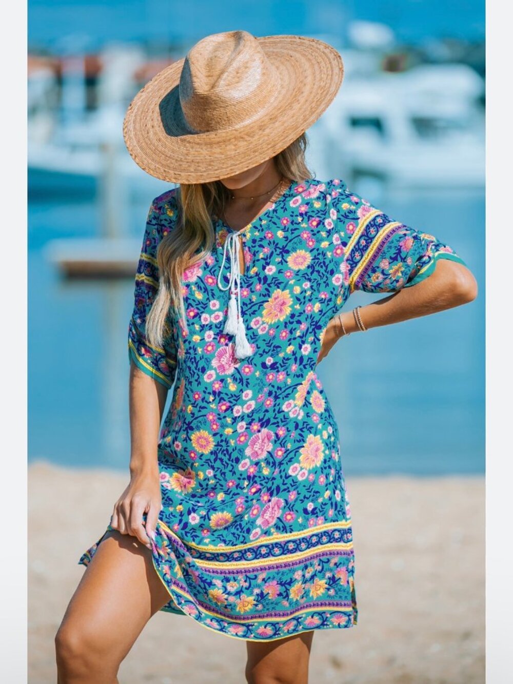 Halife Blue Boho Floral Tunic Dress 2XL Beach Coverup Drawstring Sleeve $25